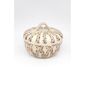Vietnamese Hand Painted Ceramic Lidded Bowl with and Red Floral Design